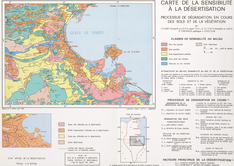 Carte de la sensibilité à la désertification. Processus de dégradation en cours des sols et de la végétation 40 x 28 cm, 1/3 000 000