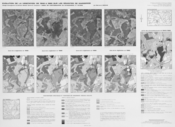 (addentum non cité dans le texte et le sommaire)  "Evolution de la végétation de 1948 à 1980 sur les granites de Margéride - étage montagnard du Cantal, Massif Central français - Essai de cartographie du dynamisme au 1/25 000".(publié dans Bulletin d'Ecologie 1983 14:79-85) 94 x 69 cm, 1/25 000